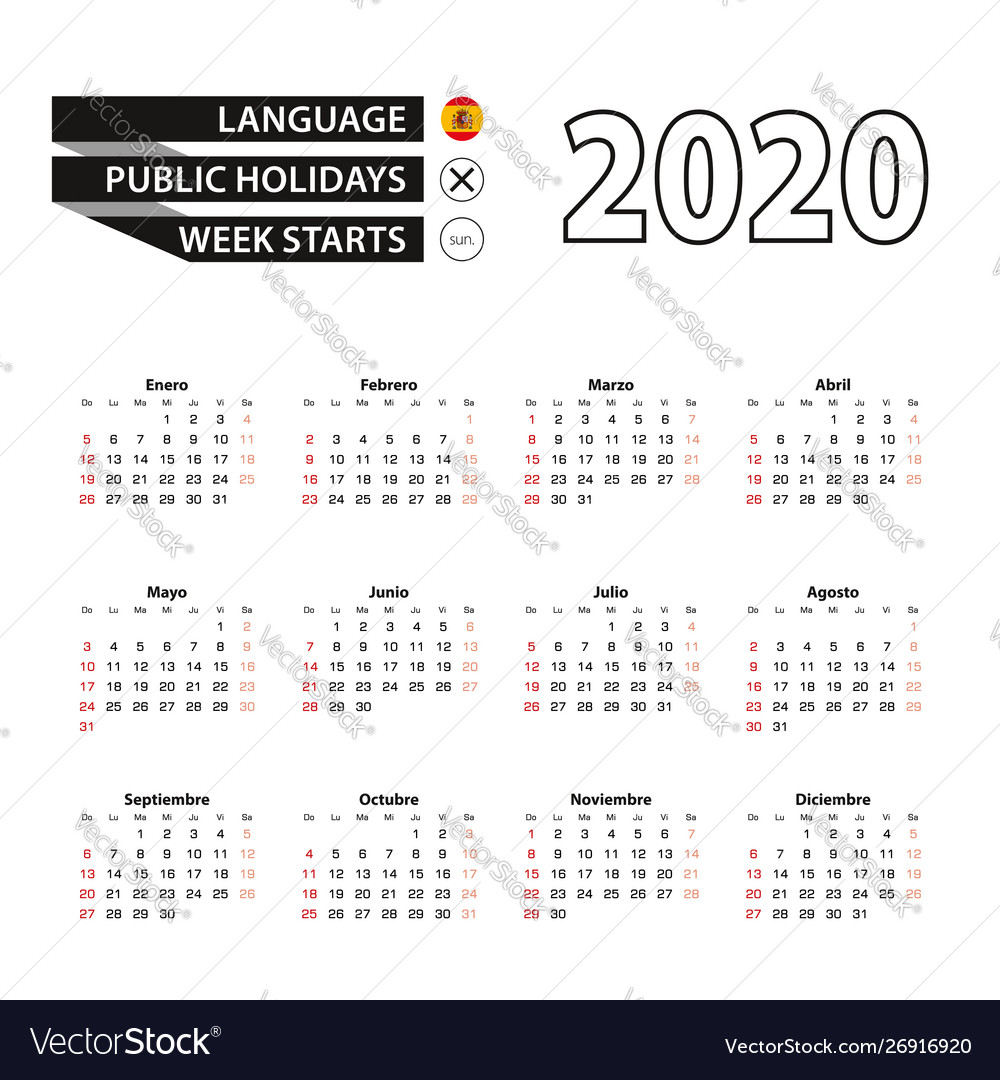 2020 calendar in spanish language week starts Vector Image