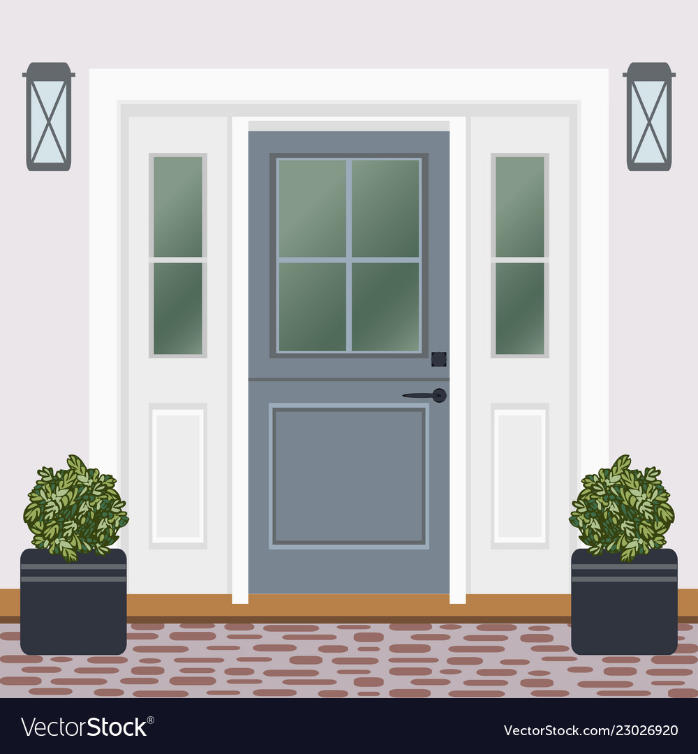 House Door Front With Doorstep And Window Lamps Vector Image