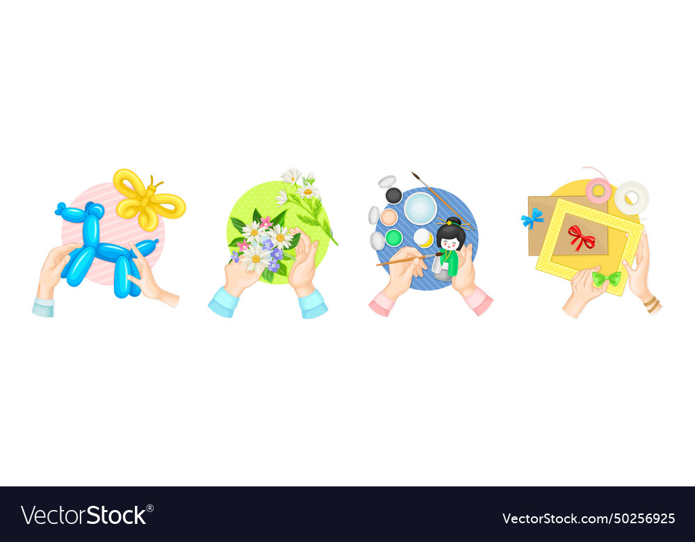 Hands creating craft in workshop top view vector image Hands creating craft in workshop top view