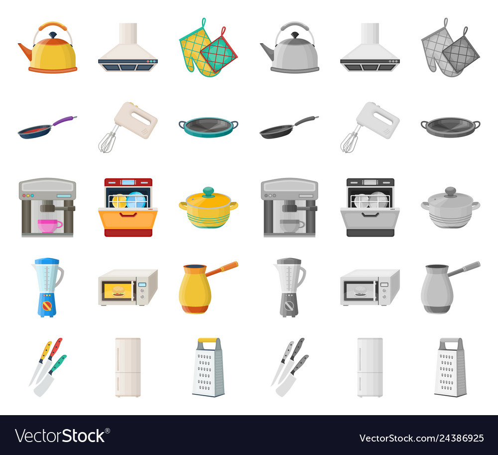 Kitchen equipment cartoonmono icons in set