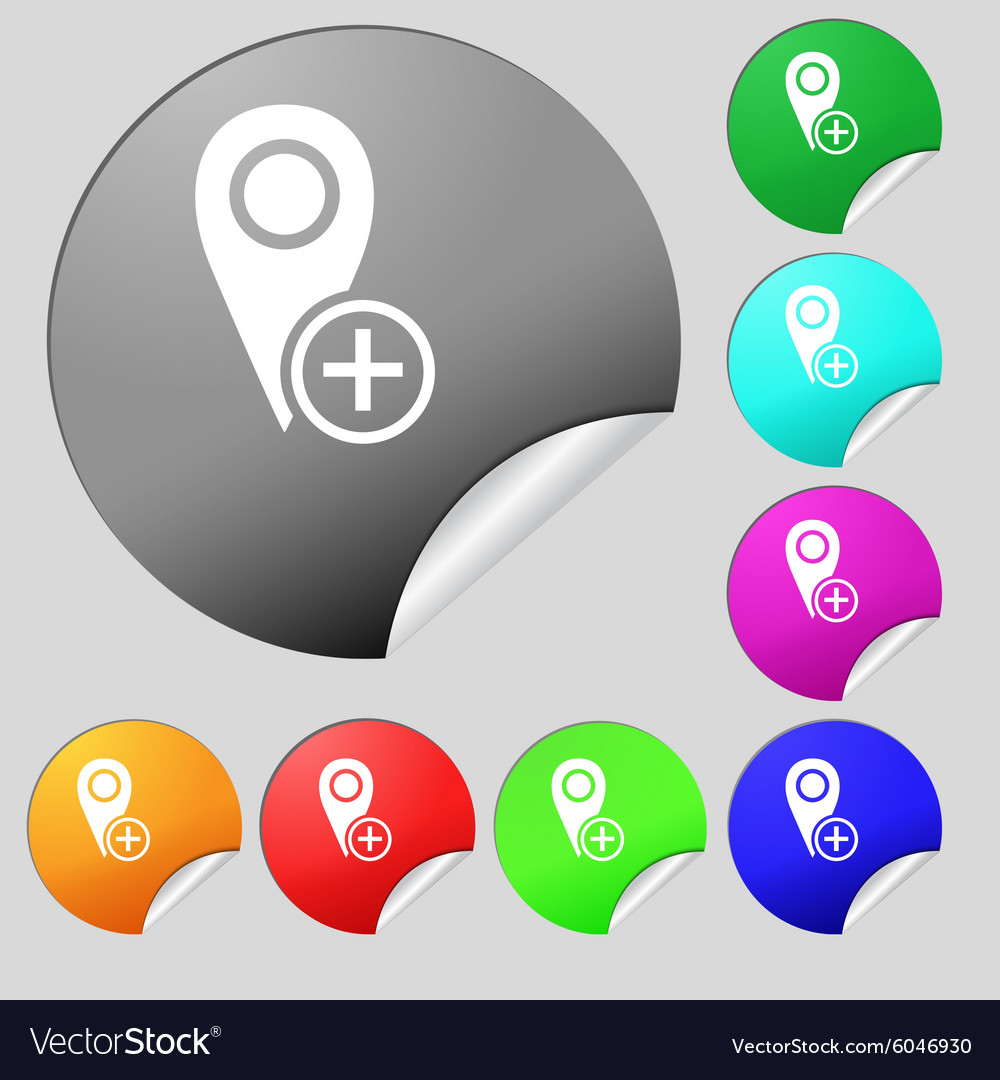 Map pointer icon sign set of eight multi colored