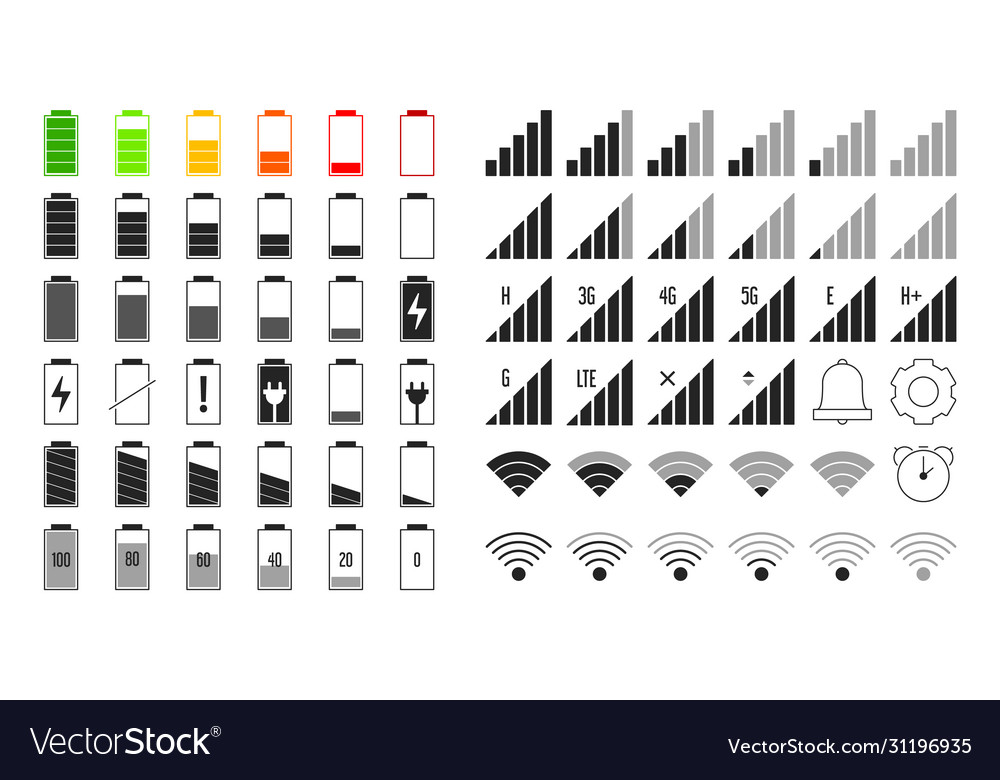 Battery wi-fi and mobile net signal icons vector image Battery wi-fi and mobile net signal icons