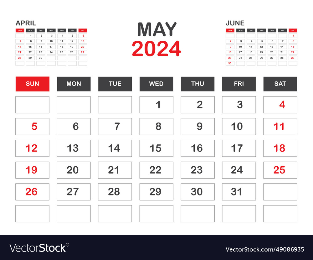 Calendar 2024 Template Minimal Style May Vector Image