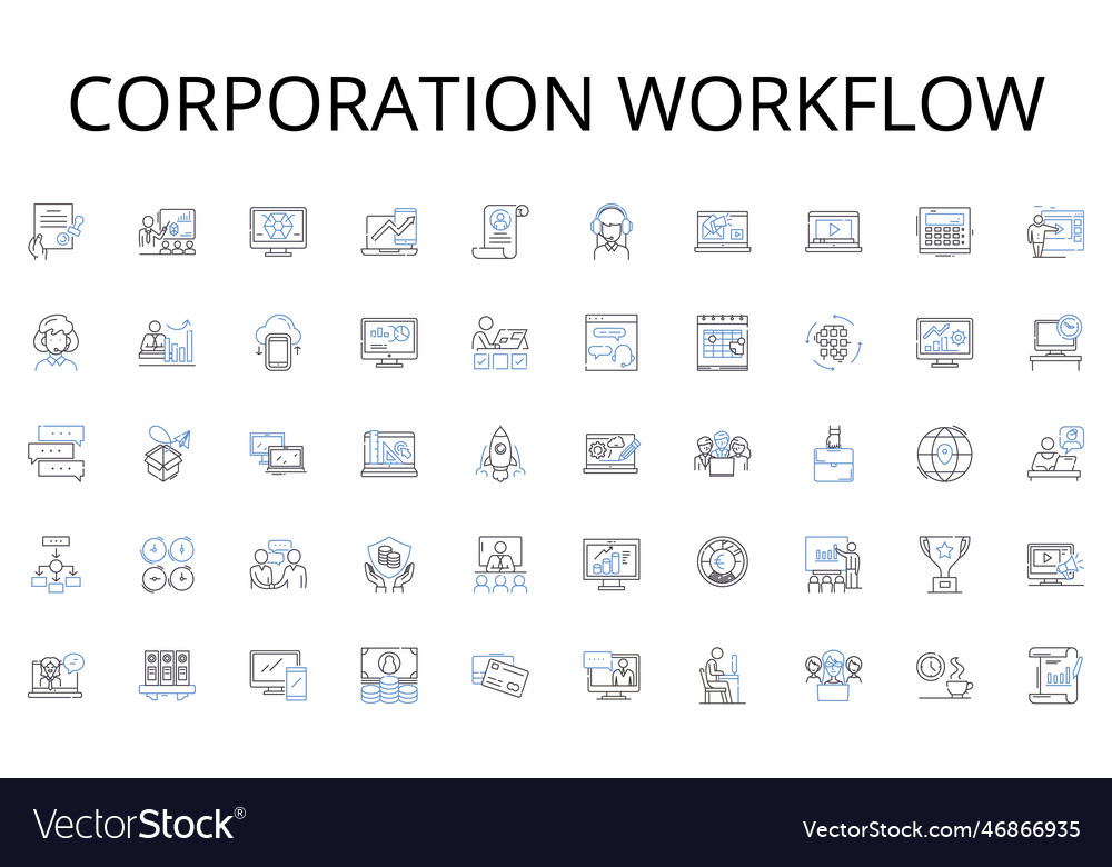 Corporation workflow line icons collection trivia