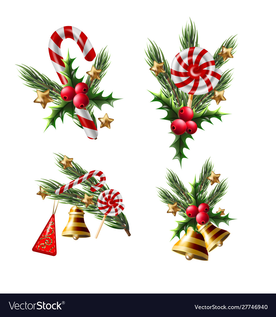 Christmas bouquets with candies holly berries vector image Christmas bouquets with candies holly berries