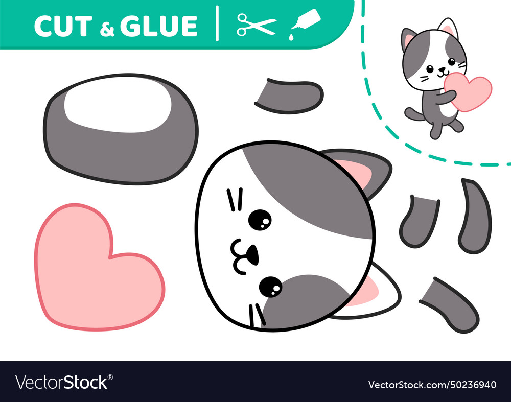 Cut and glue cat heart applique paper game