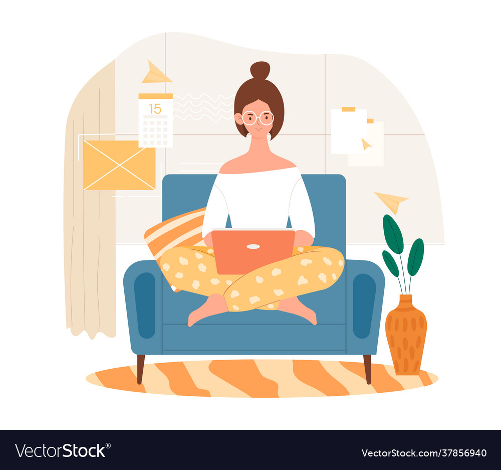 Female content manager is working on her laptop vector image Female content manager is working on her laptop