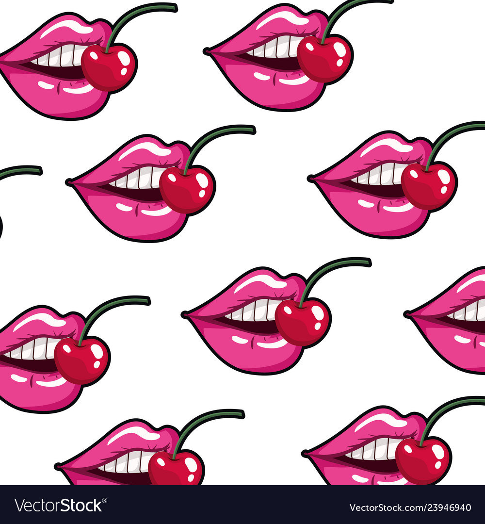 Pattern female mouth dripping with cherry