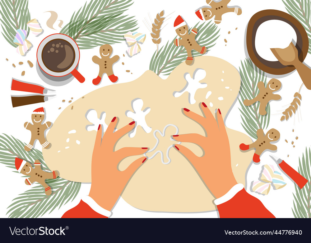 Womans hands making gingerbread man cookies Vector Image