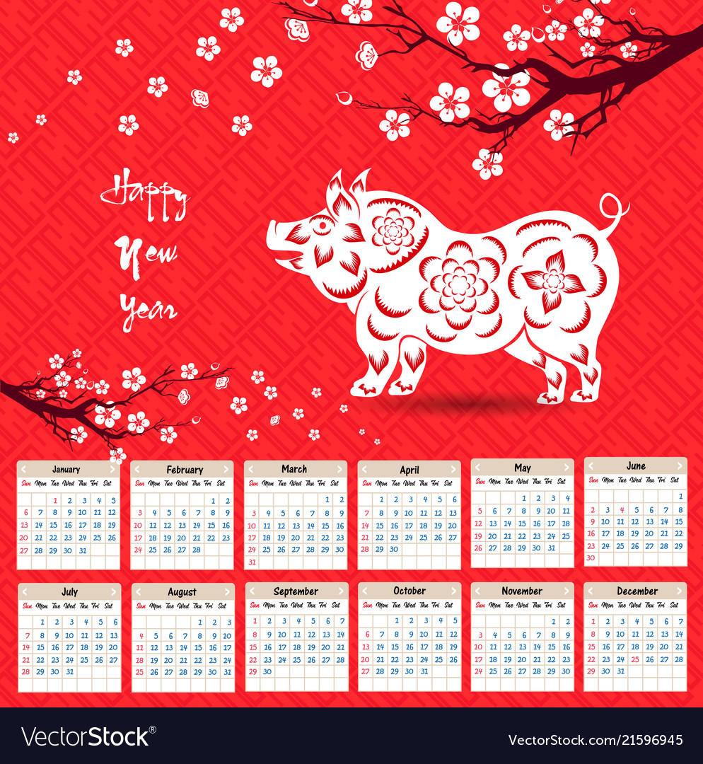 Calendar 2019 chinese for happy new year vector image Calendar 2019 chinese for happy new year