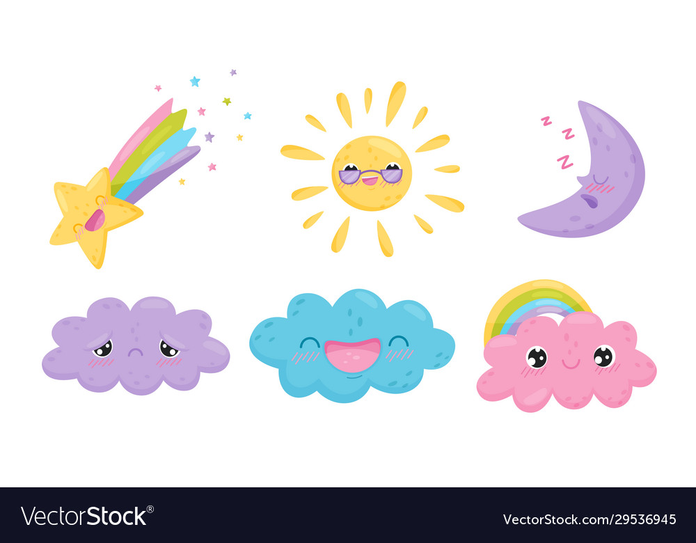 Clouds and celestial bodies smiling and feeling Vector Image