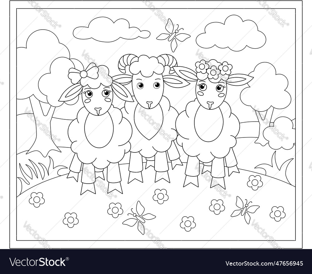 Three cute sheep in a meadow Royalty Free Vector Image