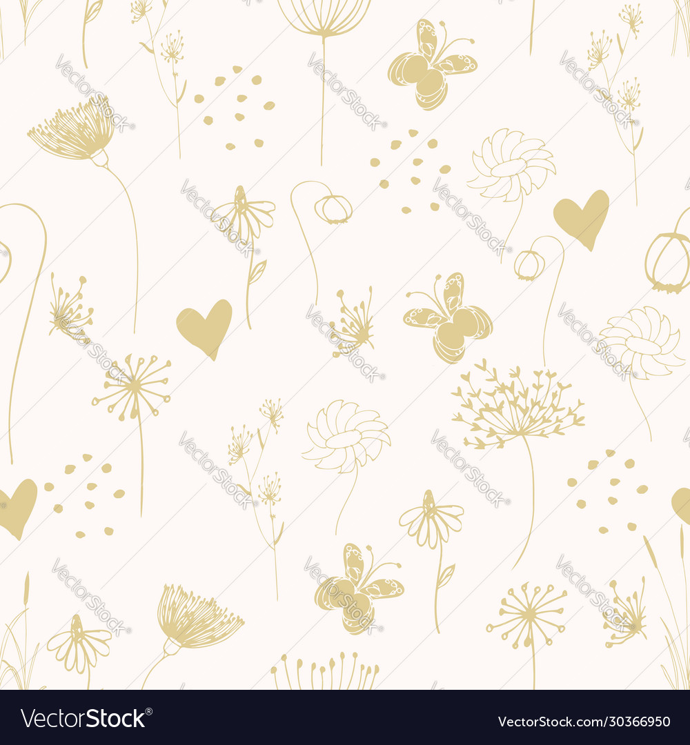 Golden wild flower repeat pattern line art print vector image Golden wild flower repeat pattern line art print