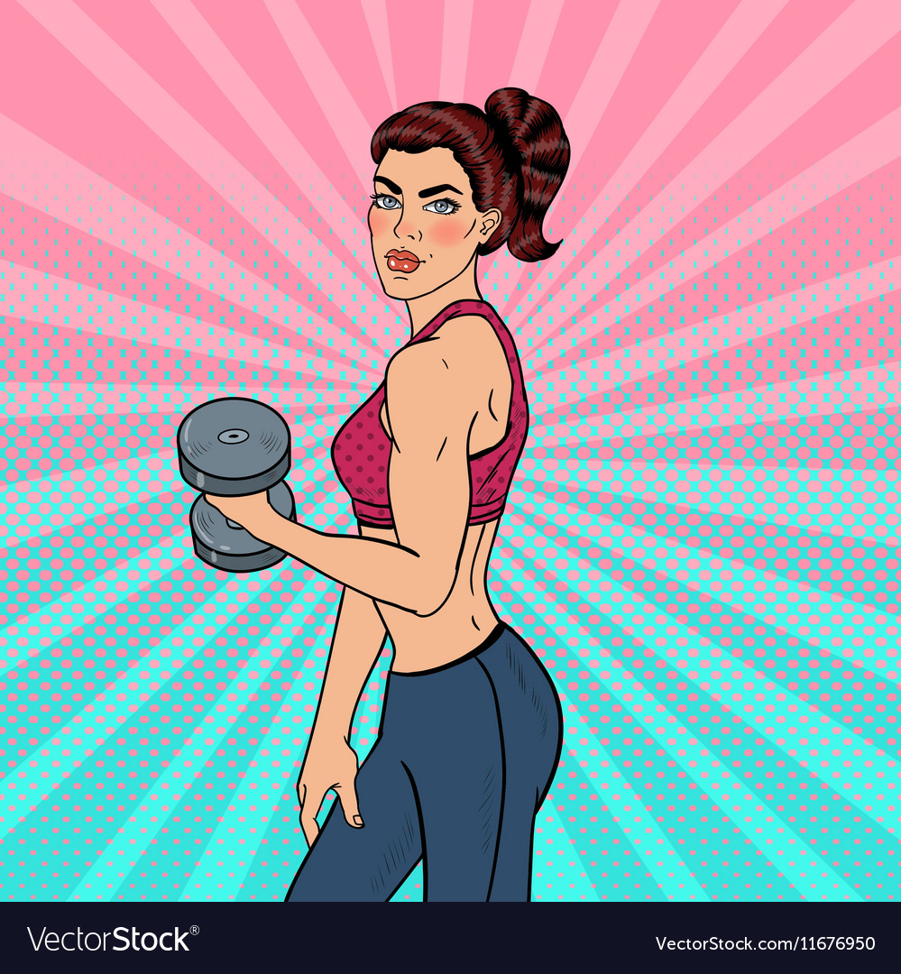 Pop art athletic woman exercising with dumbbells