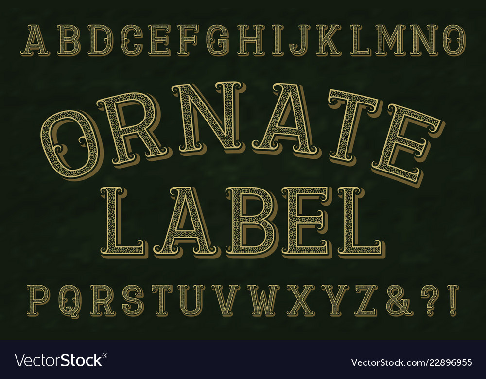 Ornate Label Schriftart isoliert englisches Alphabet