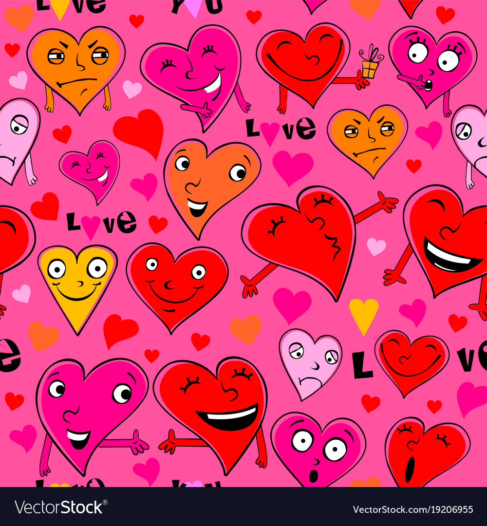 Seamless pattern with funny cartoon hearts Vector Image