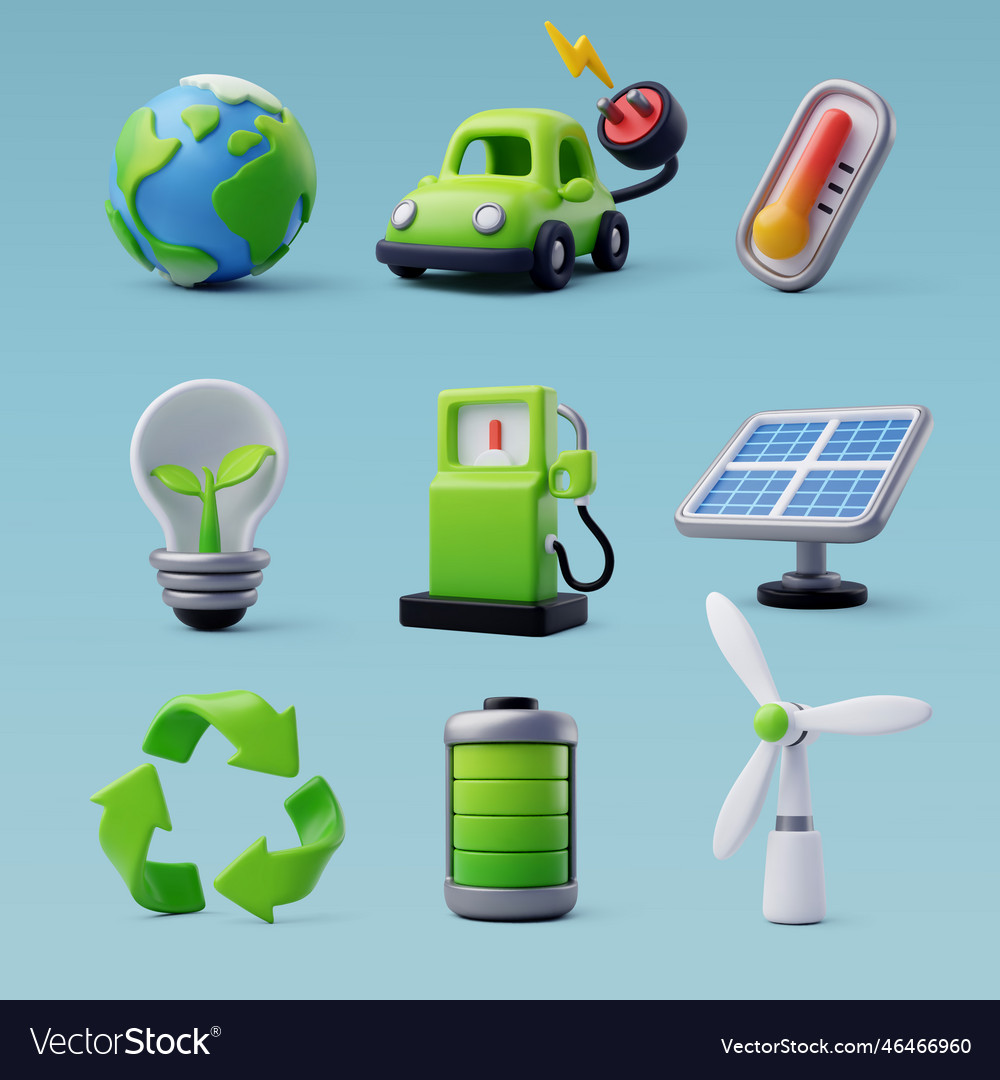 3d green energy icon set clean Royalty Free Vector Image