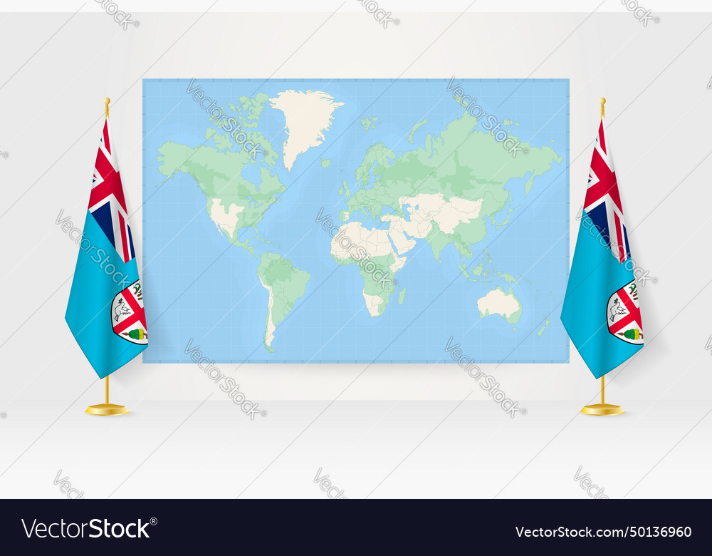 World map between two hanging flags of fiji flag Vector Image World map between two hanging flags of fiji flag