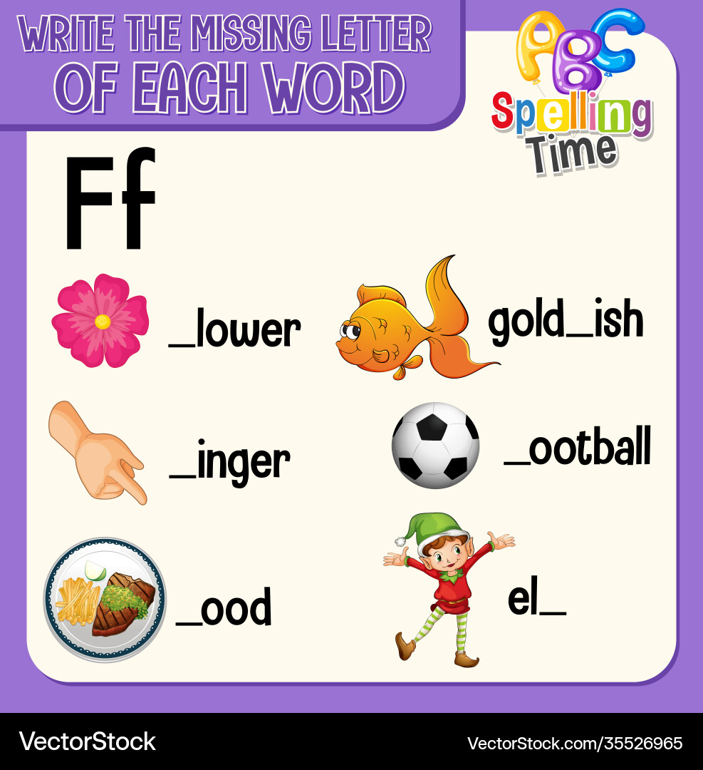 Fill missing letter each word worksheet Royalty Free Vector