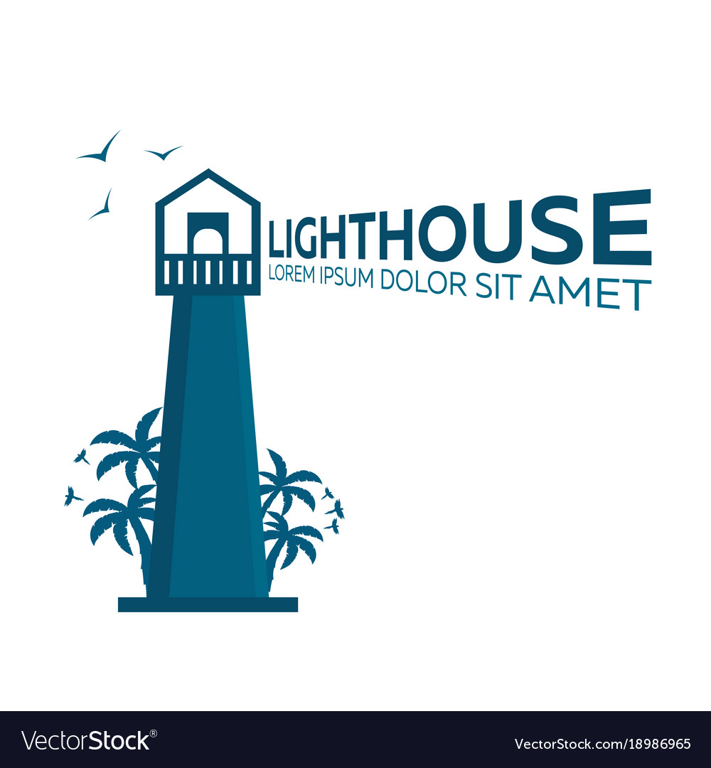 Lighthouse logo palm and birds flat Royalty Free Vector