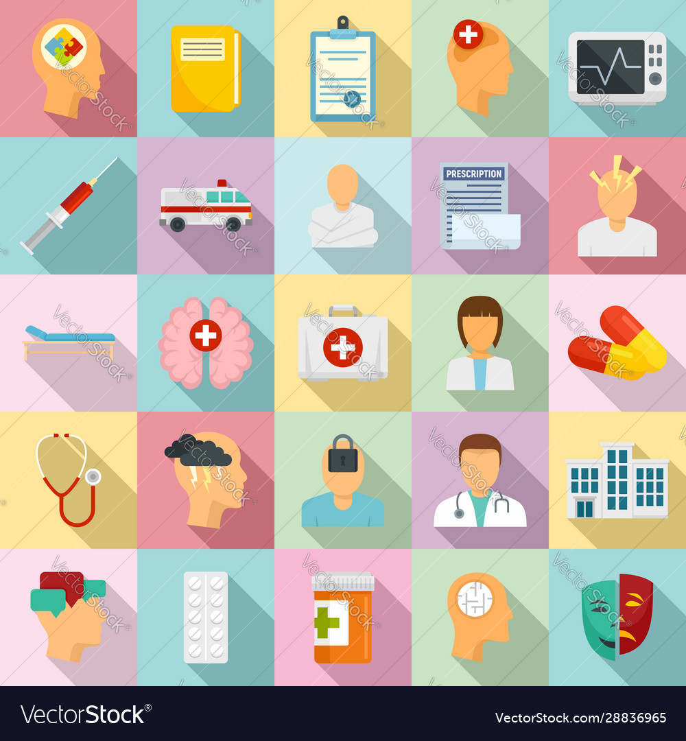 Mental hospital icons set flat style Royalty Free Vector