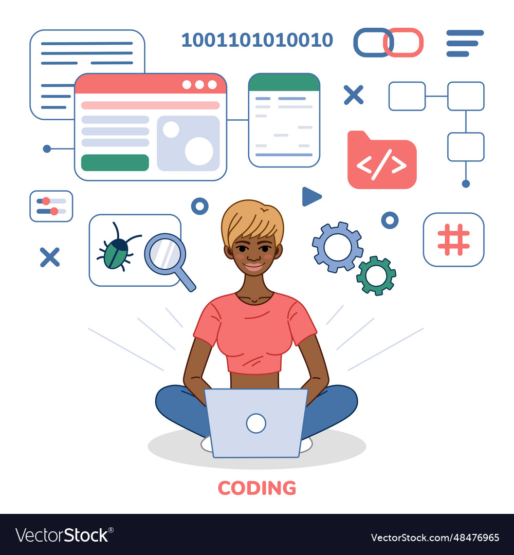 Programmer tester female character doodle vector image Programmer tester female character doodle