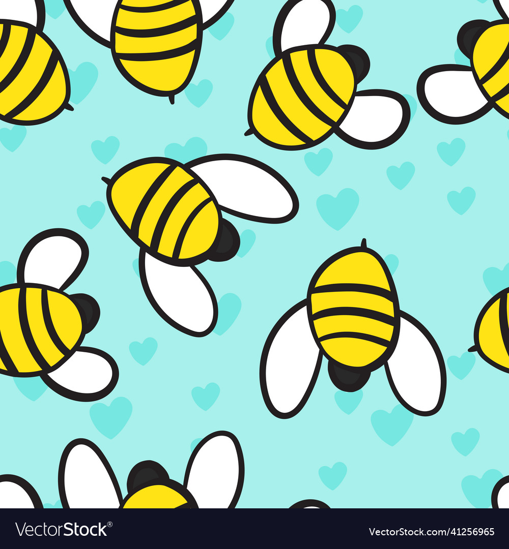 Seamless pattern with bees and hearts on color