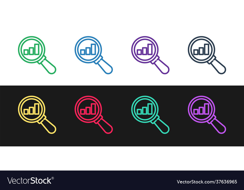 Set line magnifying glass and data analysis icon vector image Set line magnifying glass and data analysis icon