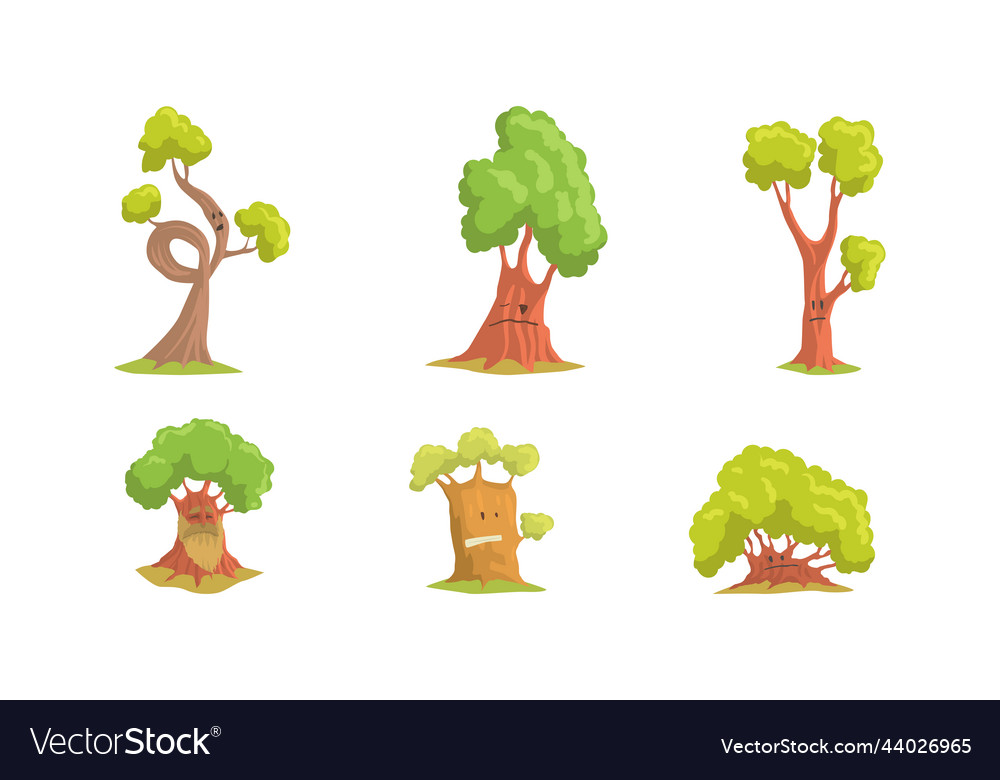 Set of tree characters green trees with funny