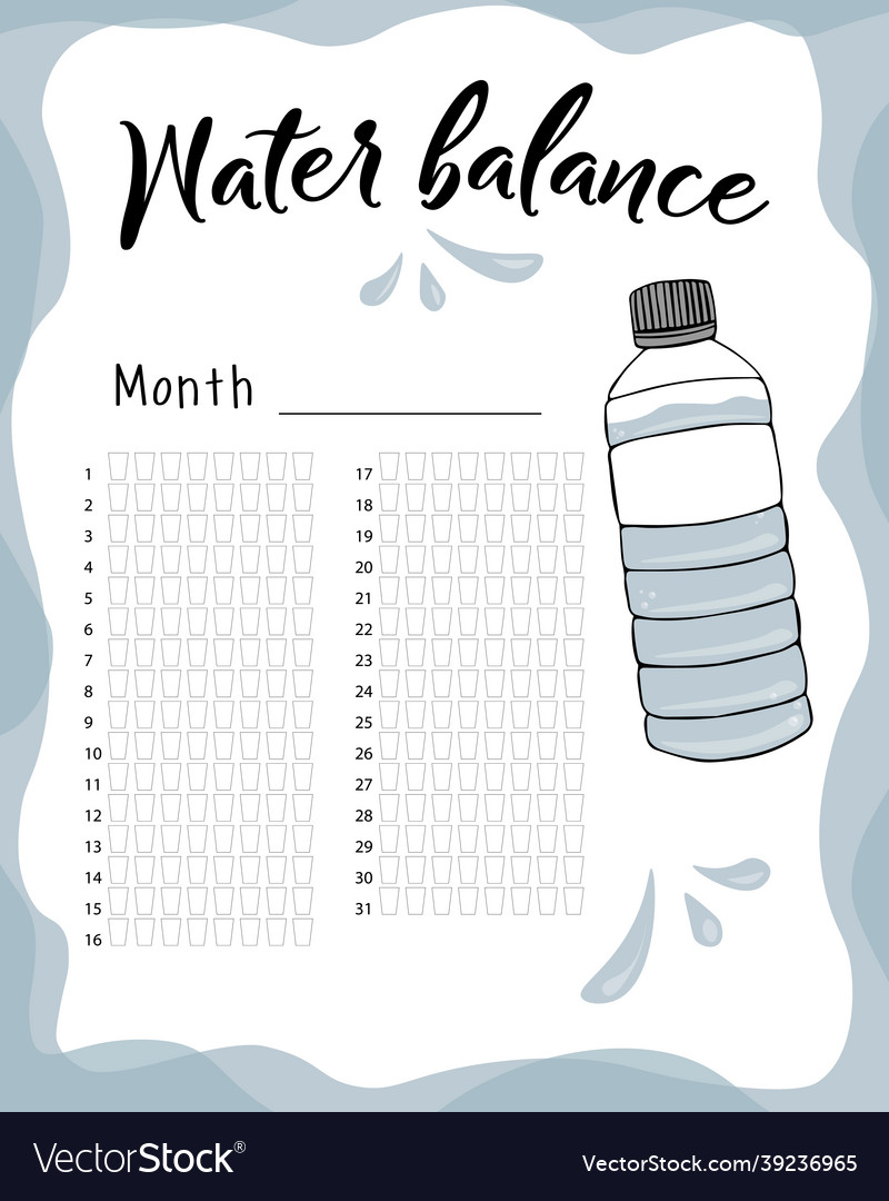 Water balance calendar monthly tracker Royalty Free Vector