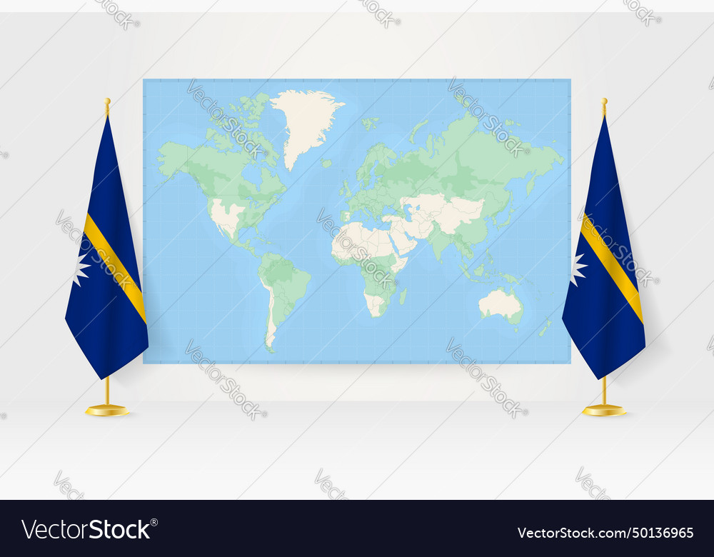 World map between two hanging flags of nauru flag