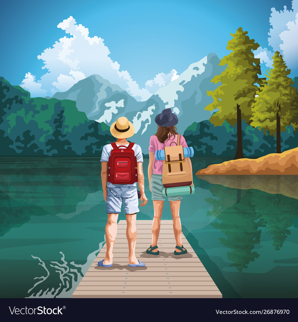 Backpack traveler couple in nature cartoons Vector Image