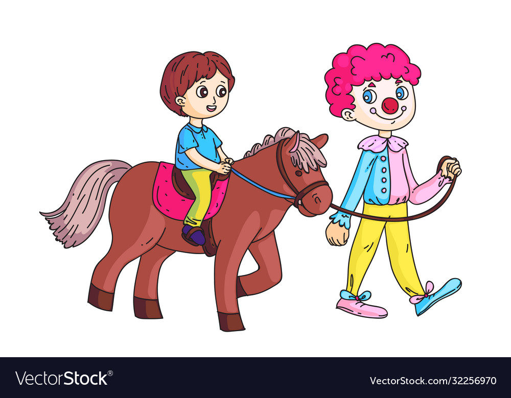 Happy little boy riding horse led circus clown
