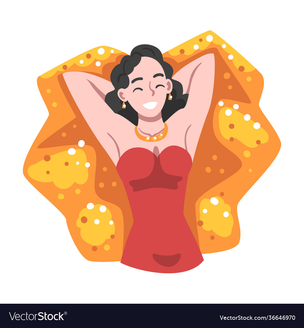 Rich and wealthy woman character lying on pile