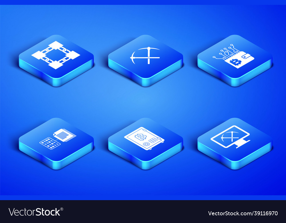 Set mining with monitor and pickaxe blockchain Vector Image Set mining with monitor and pickaxe blockchain