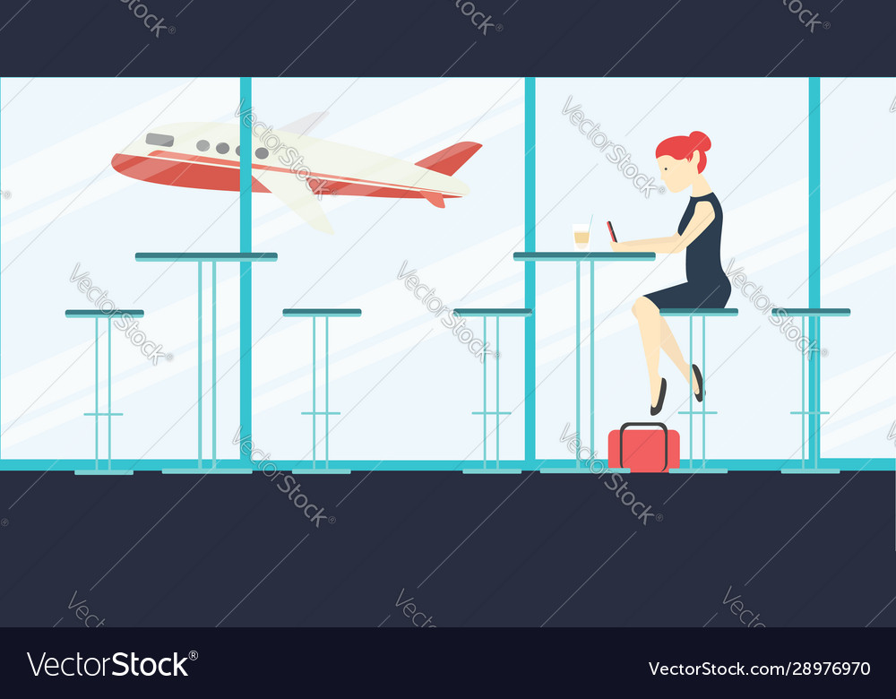 Woman sitting and waiting in airport coffee