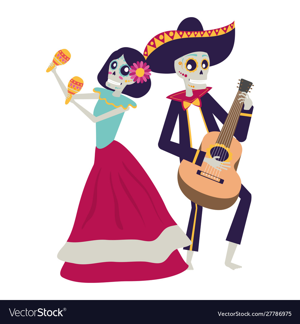 Catrina and mariachi skulls playing maracas Vector Image