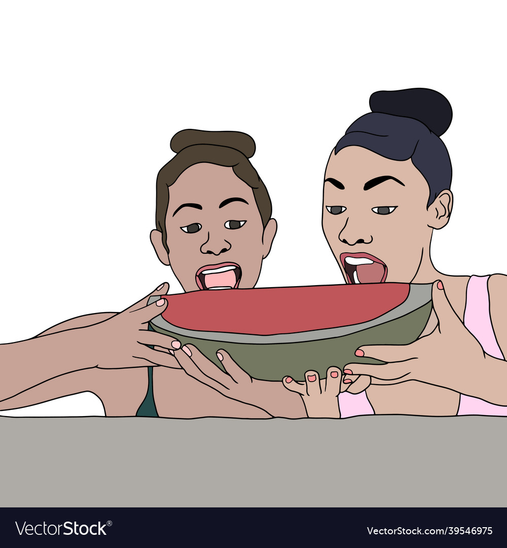 Two girls eating watermelon at poolside friends