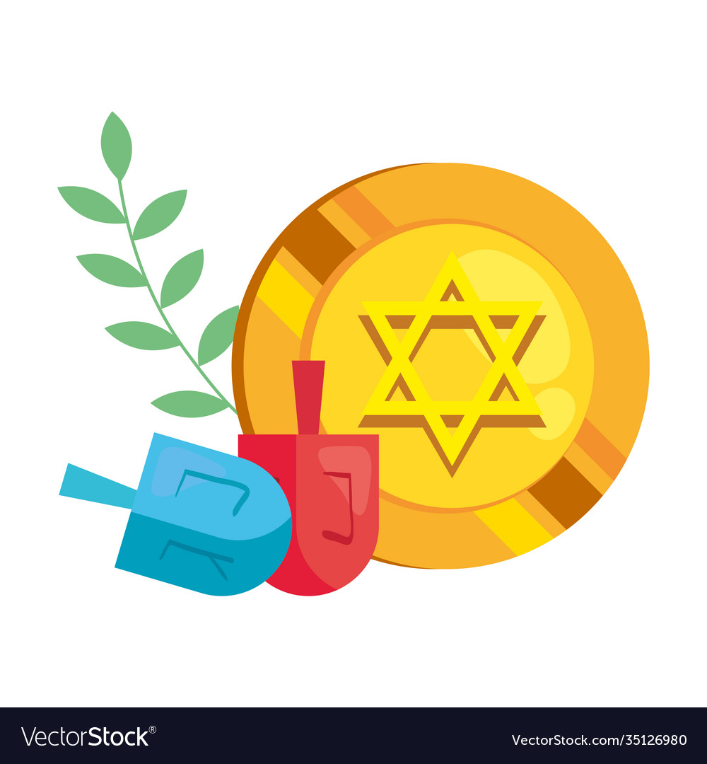 Coin with jewish golden star hanukkah and dreidels