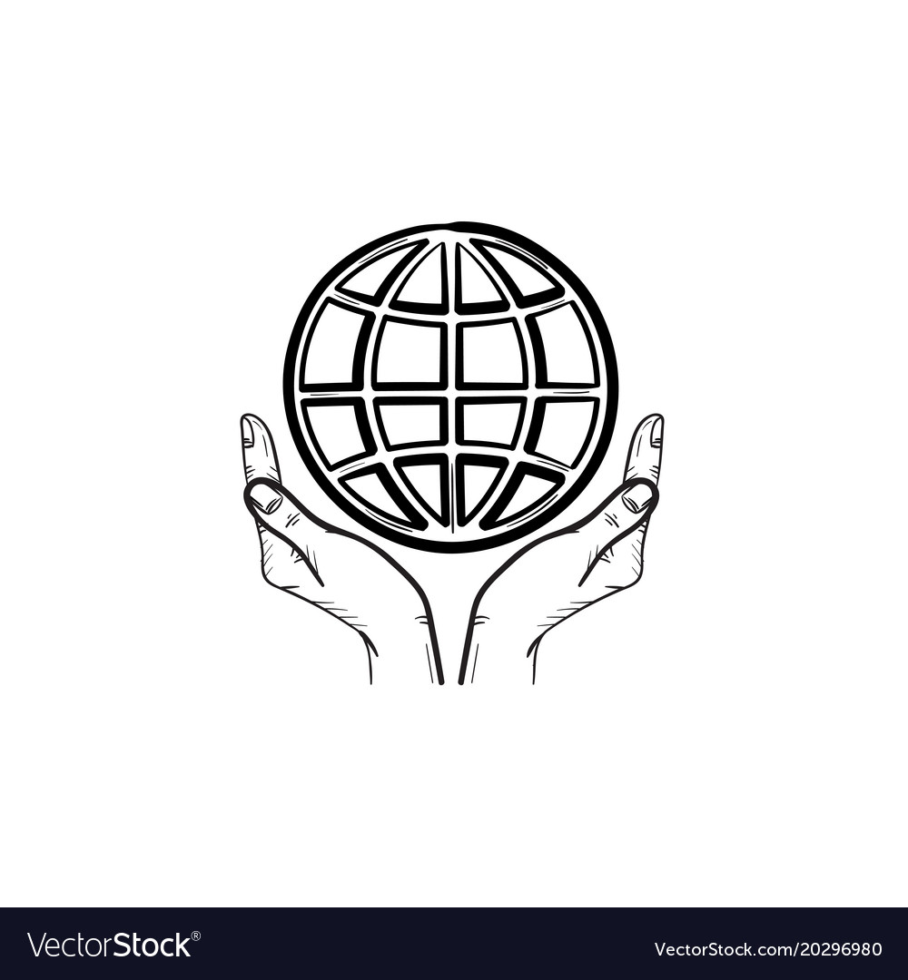 Hands support earth globe hand drawn sketch icon