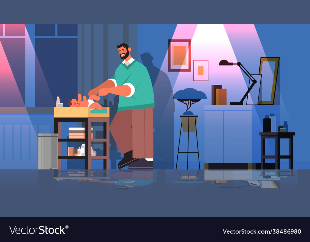 Sad father changing diaper to his little son vector image Sad father changing diaper to his little son