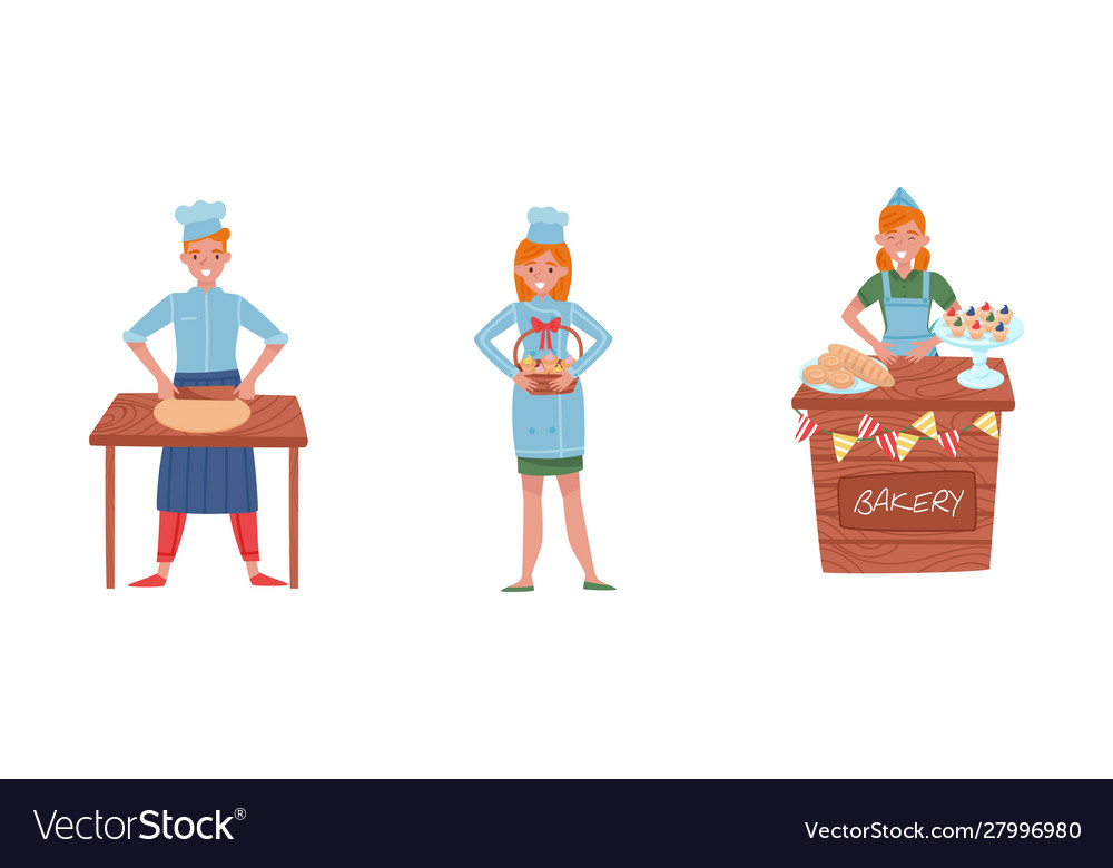 Smiling baker characters baking bread and making vector image Smiling baker characters baking bread and making