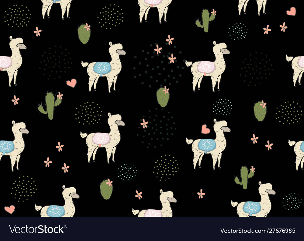 Cute seamless simple alpaca pattern on dark vector image Cute seamless simple alpaca pattern on dark