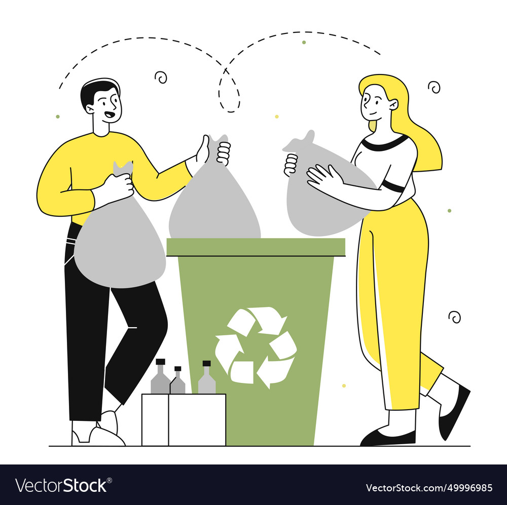 People with garbage recycling linear Royalty Free Vector