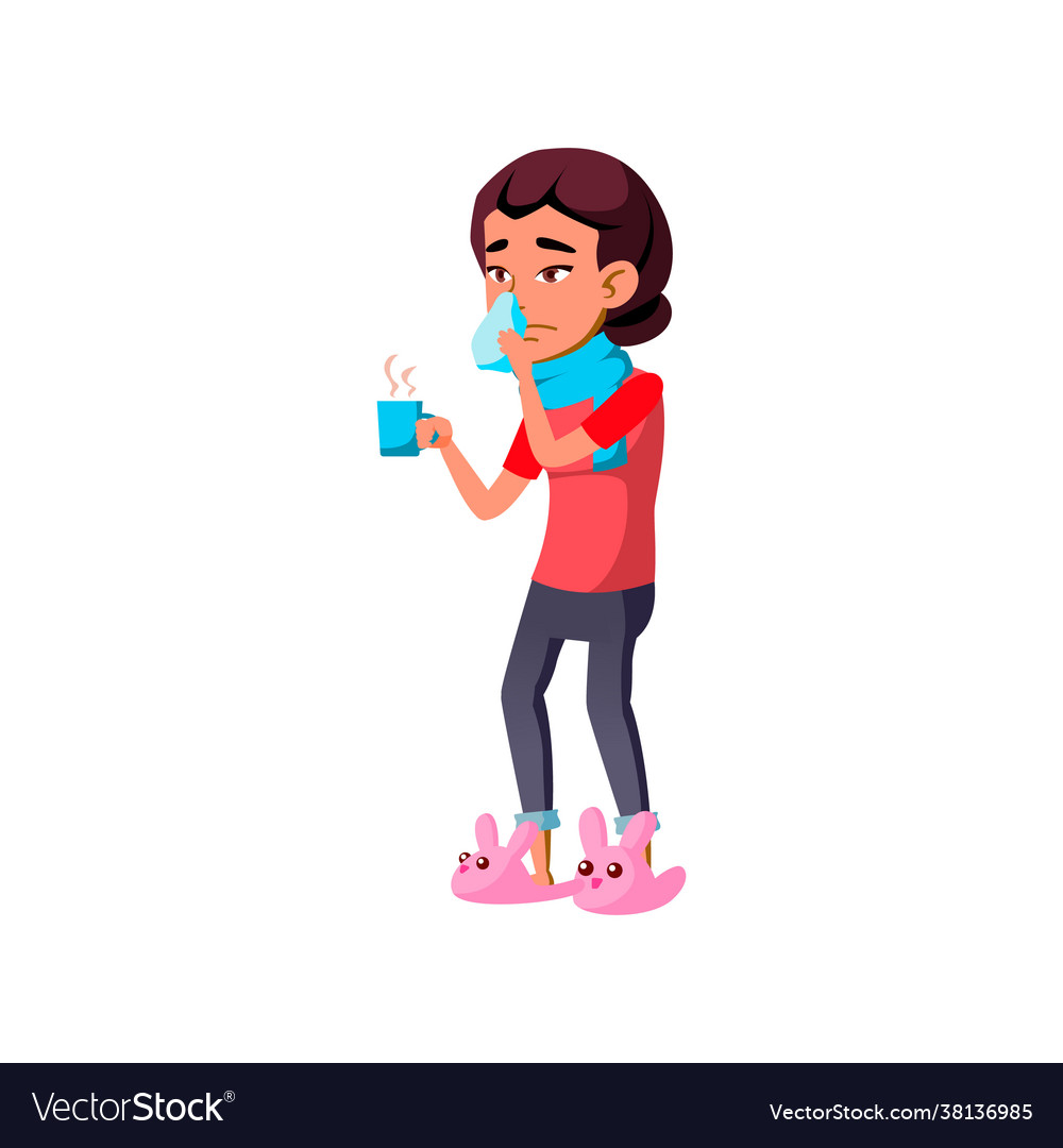 Runny nose disease girl holding hot tea cup Vector Image Runny nose disease girl holding hot tea cup Vector Image