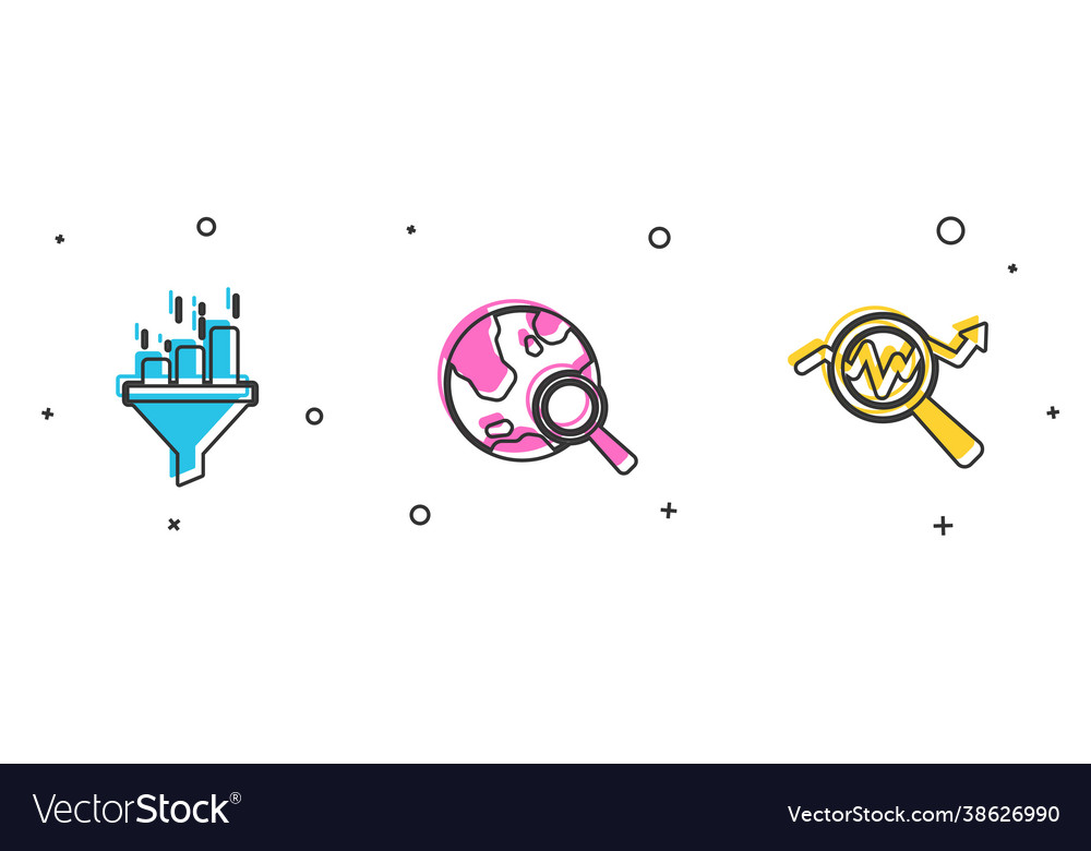 Set sales funnel with chart search globe and data vector image Set sales funnel with chart search globe and data