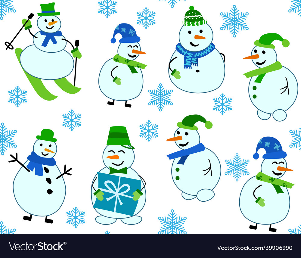 Winter pattern with snowmen and snowflakes vector image Winter pattern with snowmen and snowflakes