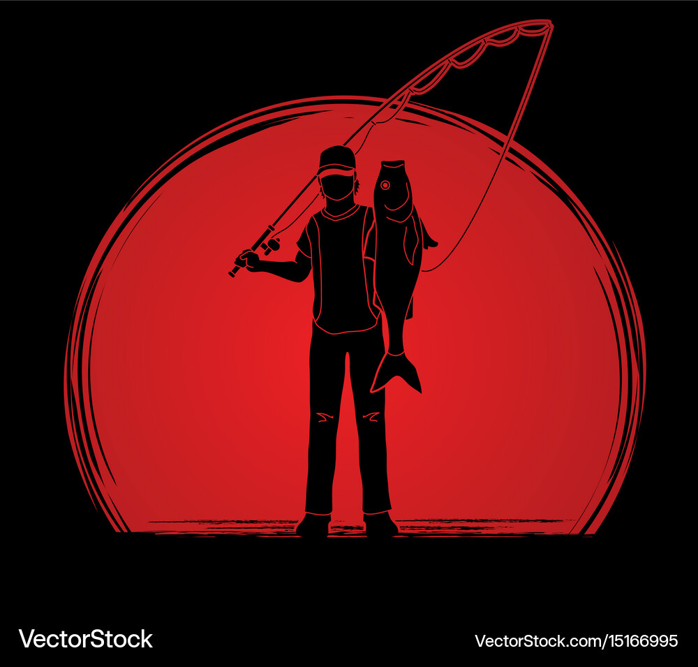 Fisherman standing and show big fish Royalty Free Vector