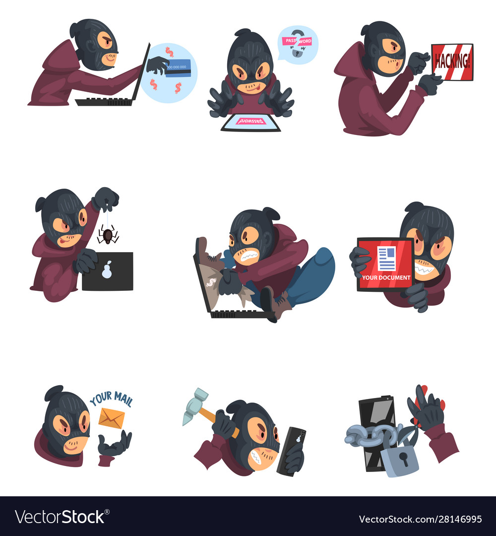 Hackers hack data on a computer set vector image Hackers hack data on a computer set