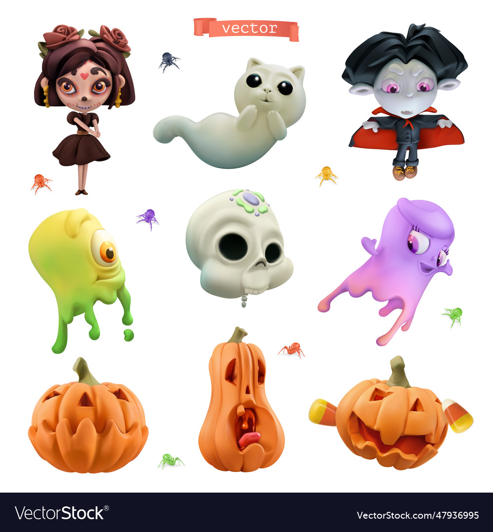 Happy halloween 3d cartoon icon set little witch